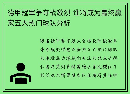 德甲冠军争夺战激烈 谁将成为最终赢家五大热门球队分析