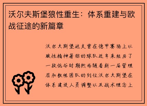 沃尔夫斯堡狼性重生:体系重建与欧战征途的新篇章