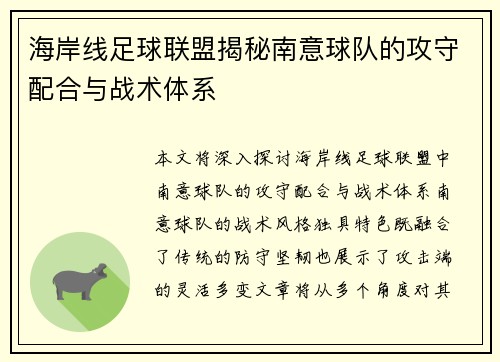 海岸线足球联盟揭秘南意球队的攻守配合与战术体系