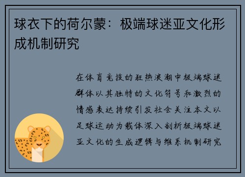 球衣下的荷尔蒙:极端球迷亚文化形成机制研究