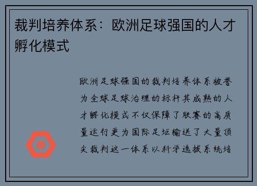 裁判培养体系:欧洲足球强国的人才孵化模式